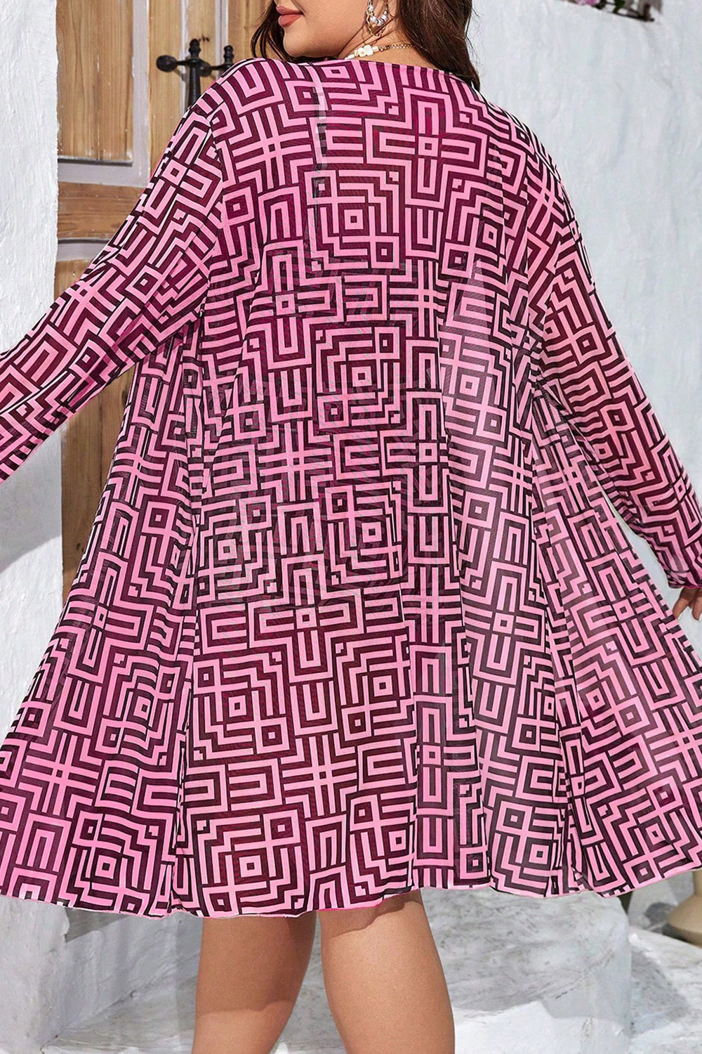 Plus Size Vacation Black Geometric Print Long Sleeve Three Pieces Swimsuit Cover Ups Set