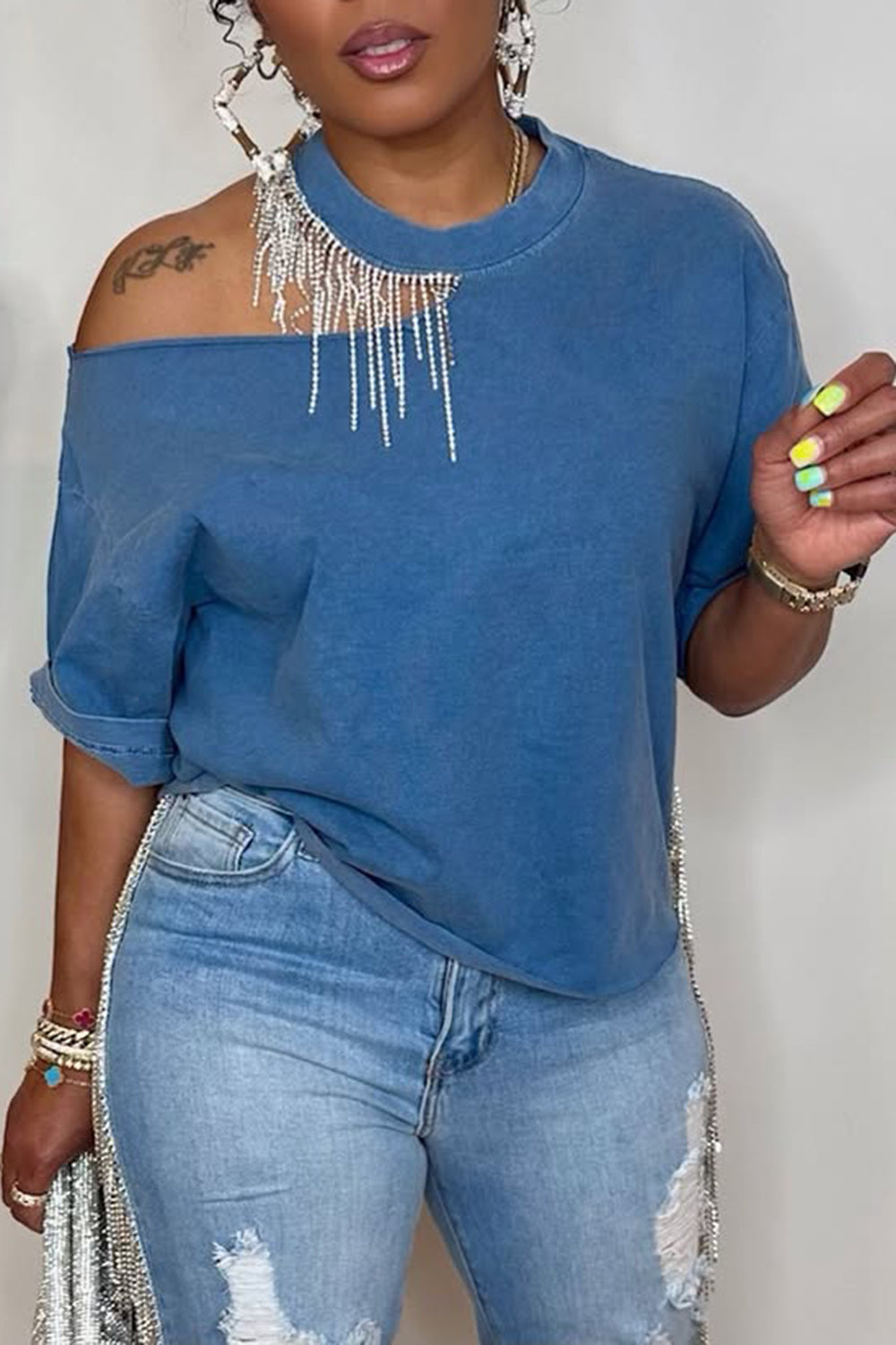 Plus Size Daily Blue Casual Round Neck Short Sleeve Cut Out Strappy T-Shirts