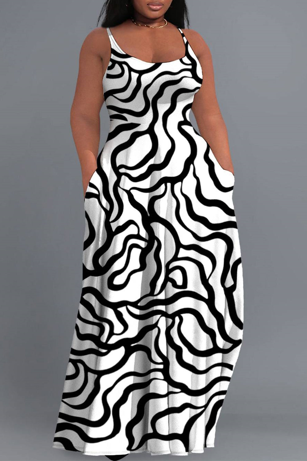 Xpluswear Design Plus Size Vacation Black Sundress Graphic Round Neck Pocket Maxi Dresses