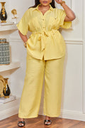 Plus Size Business Casual Casual Yellow Shirt Collar Short Sleeve Pocket Linen Two Piece Pant Sets
