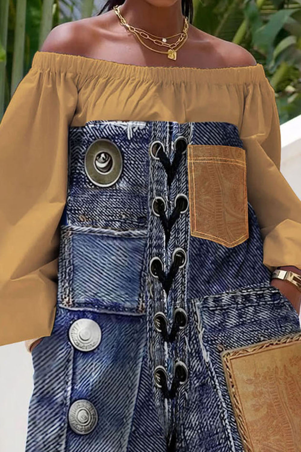 Xpluswear Design Plus Size Daily Khaki Casual All Over Print Off The Shoulder Long Sleeve Pocket Contrast Rompers