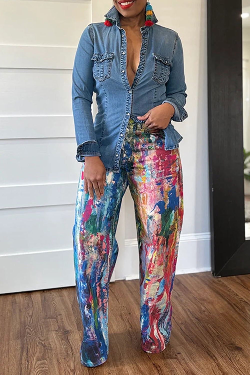 Plus Size Festival Multicolor Graphic Pocket Denim Straight Leg Jeans