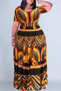 Plus Size Daily Brown Casual African Ankara Round Neck Short Sleeve Pocket Maxi Dresses