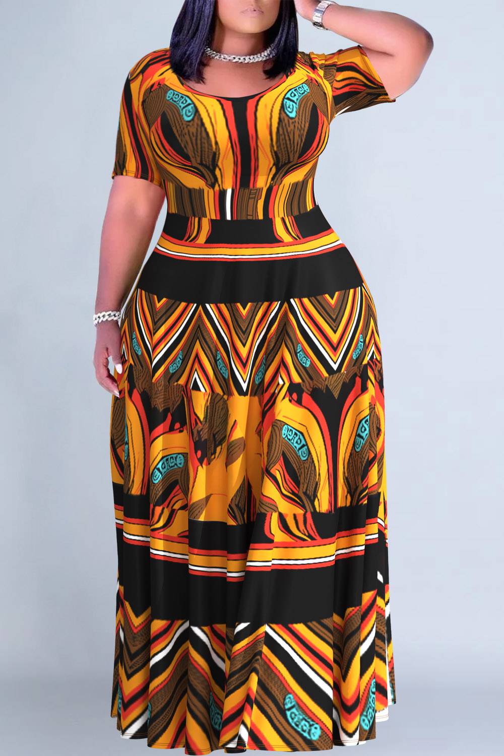 Plus Size Daily Brown Casual African Ankara Round Neck Short Sleeve Pocket Maxi Dresses