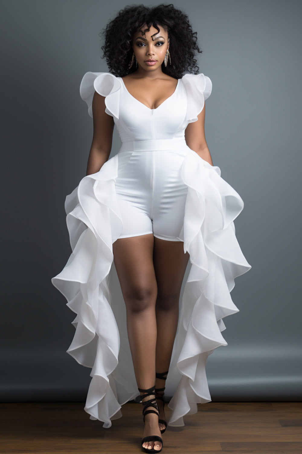 Xpluswear Design Plus Size Daily White Elegant V Neck Short Sleeve With Skirt Overlay Contrast Rompers