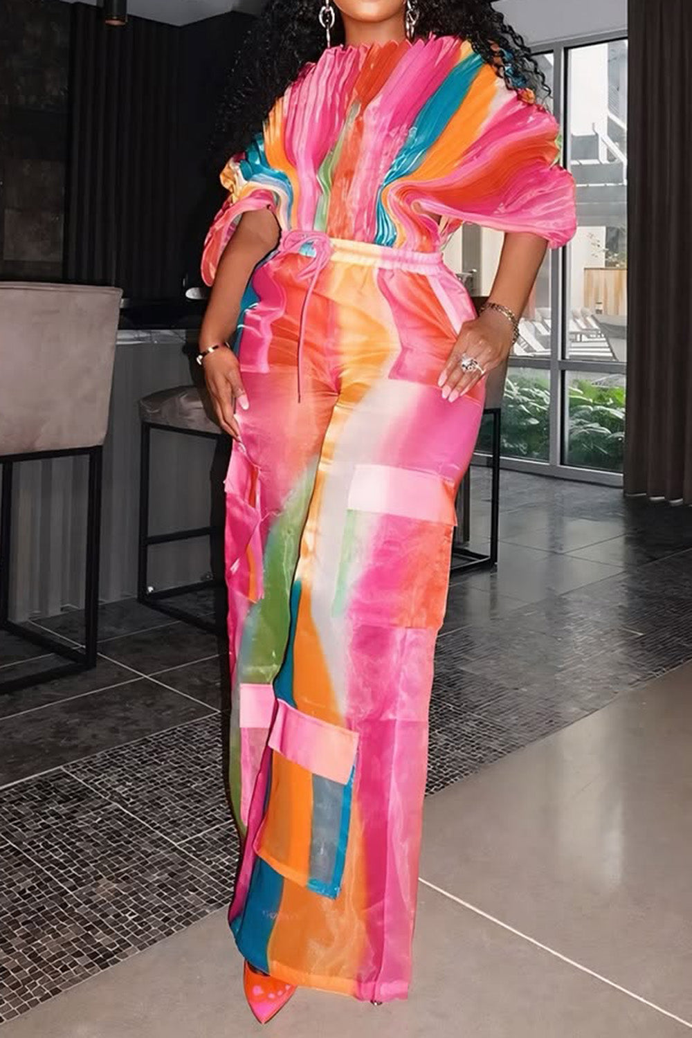 Plus Size Daily Hot Pink Gradient Round Neck Batwing Sleeve Half Sleeve Cargo Pleated Two Piece Pant Sets