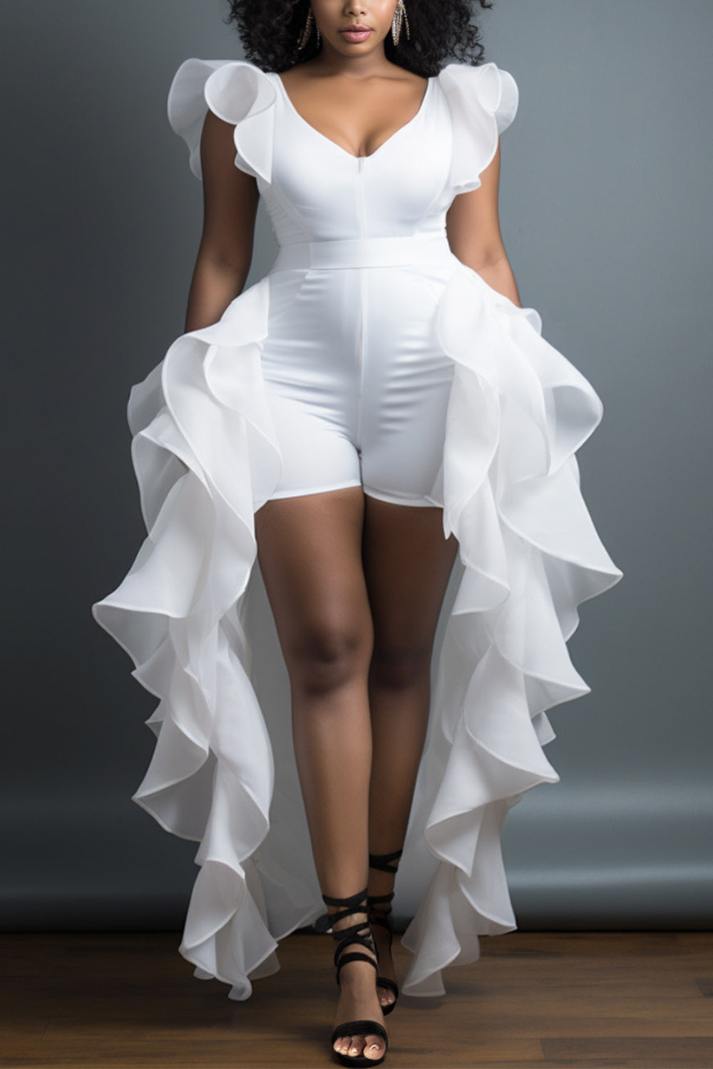 Xpluswear Design Plus Size Daily White Elegant V Neck Short Sleeve With Skirt Overlay Contrast Rompers