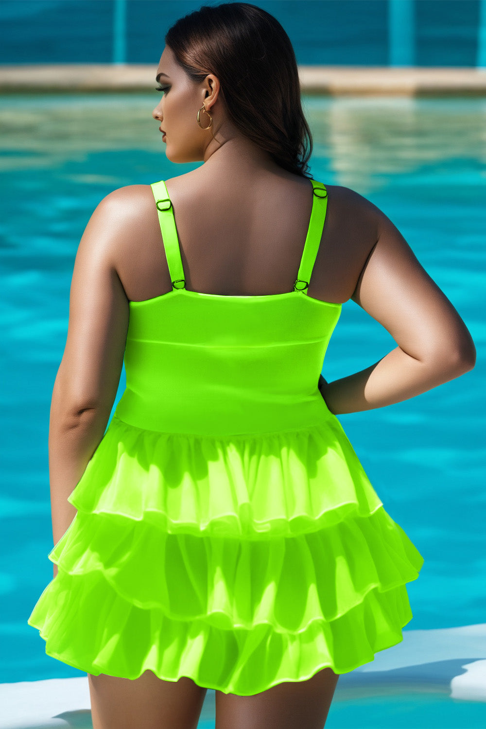 Xpluswear Design Plus Size Vacation Lime Green V Neck Zipper Tiered Swimsuit Fabric Swimwear Dress With Panty