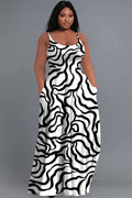 Xpluswear Design Plus Size Vacation Black Sundress Graphic Round Neck Pocket Maxi Dresses