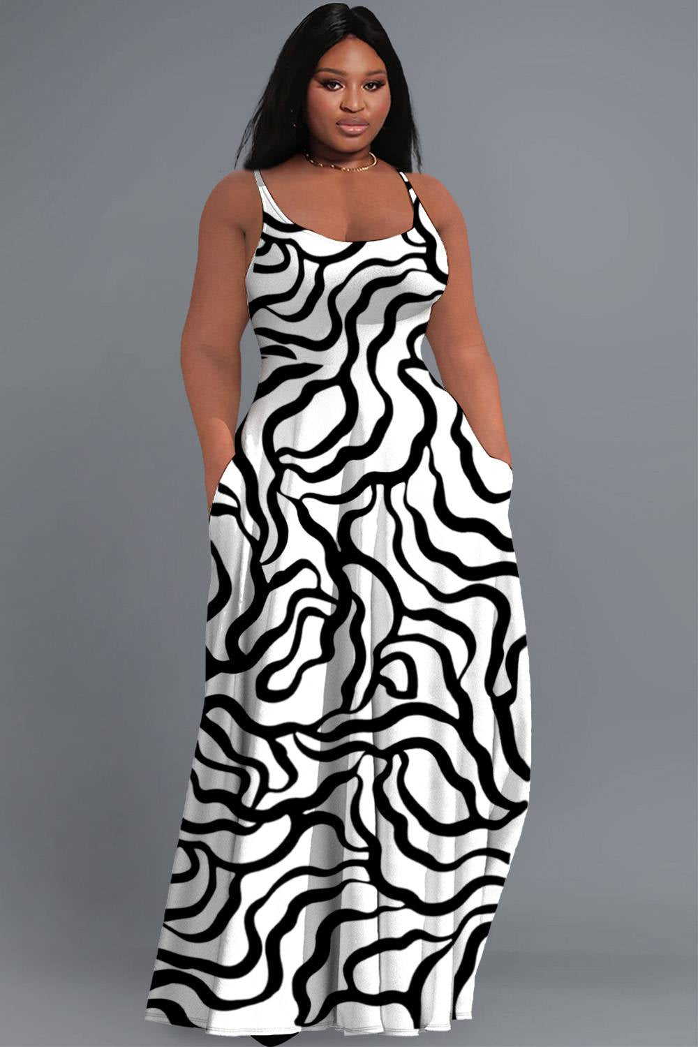 Xpluswear Design Plus Size Vacation Black Sundress Graphic Round Neck Pocket Maxi Dresses