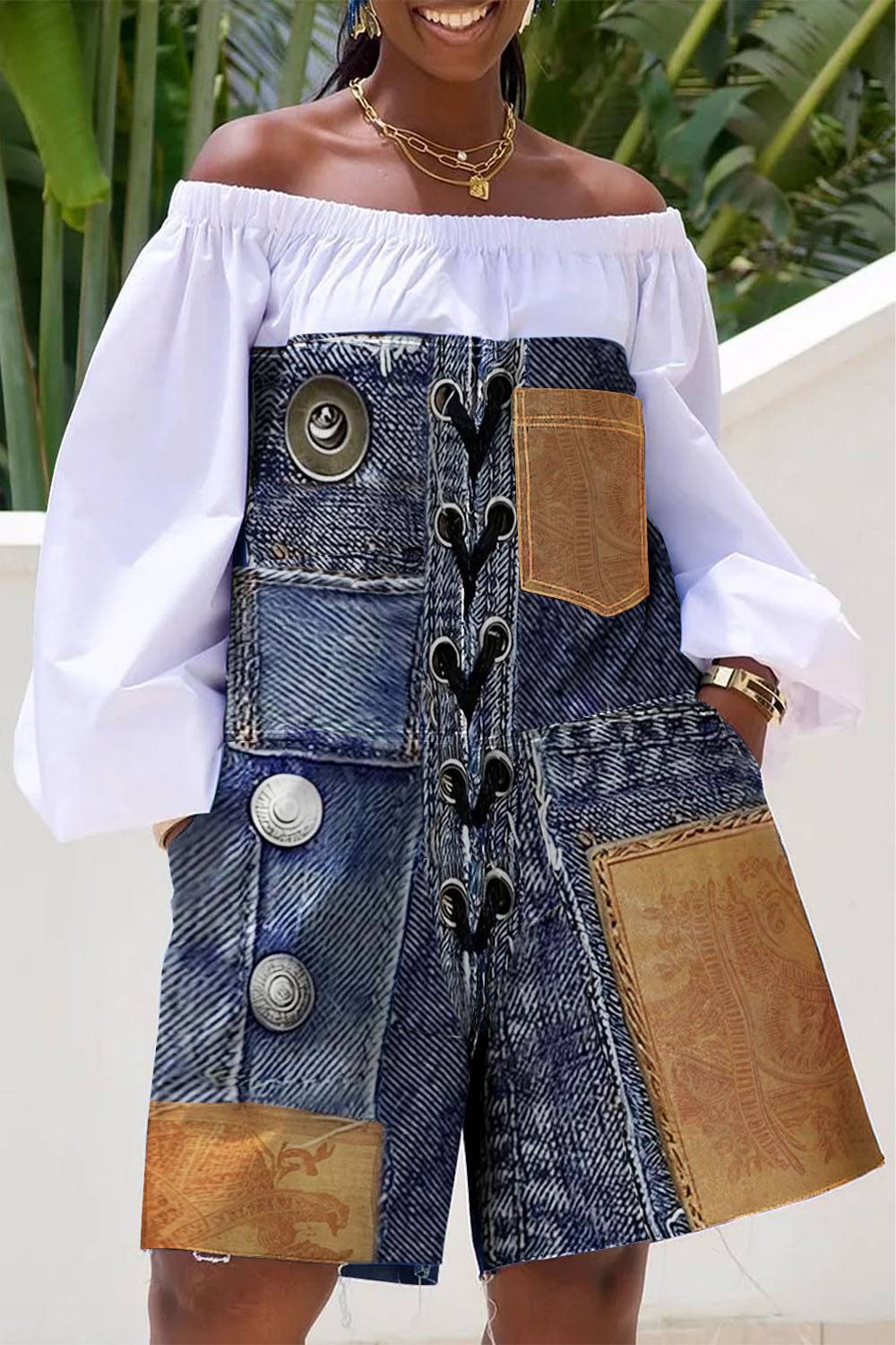 Xpluswear Design Plus Size Daily Khaki Casual All Over Print Off The Shoulder Long Sleeve Pocket Contrast Rompers