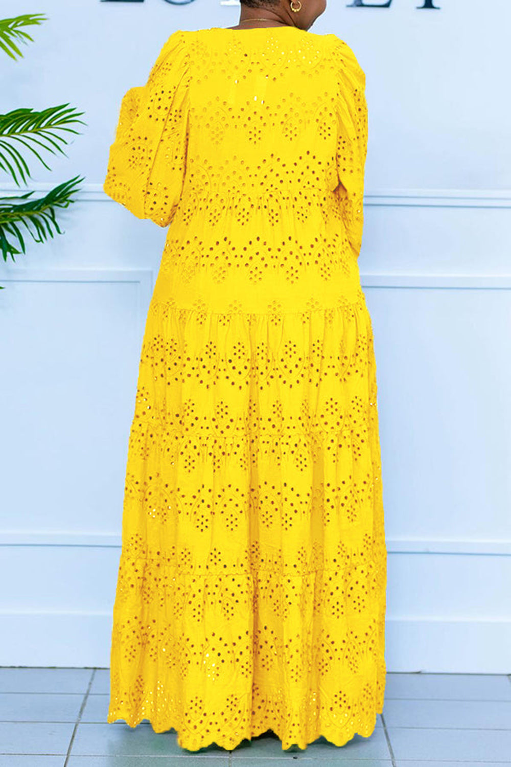 Plus Size Vacation Green Casual Hollow Puff Sleeve Long Sleeve Maxi Dresses