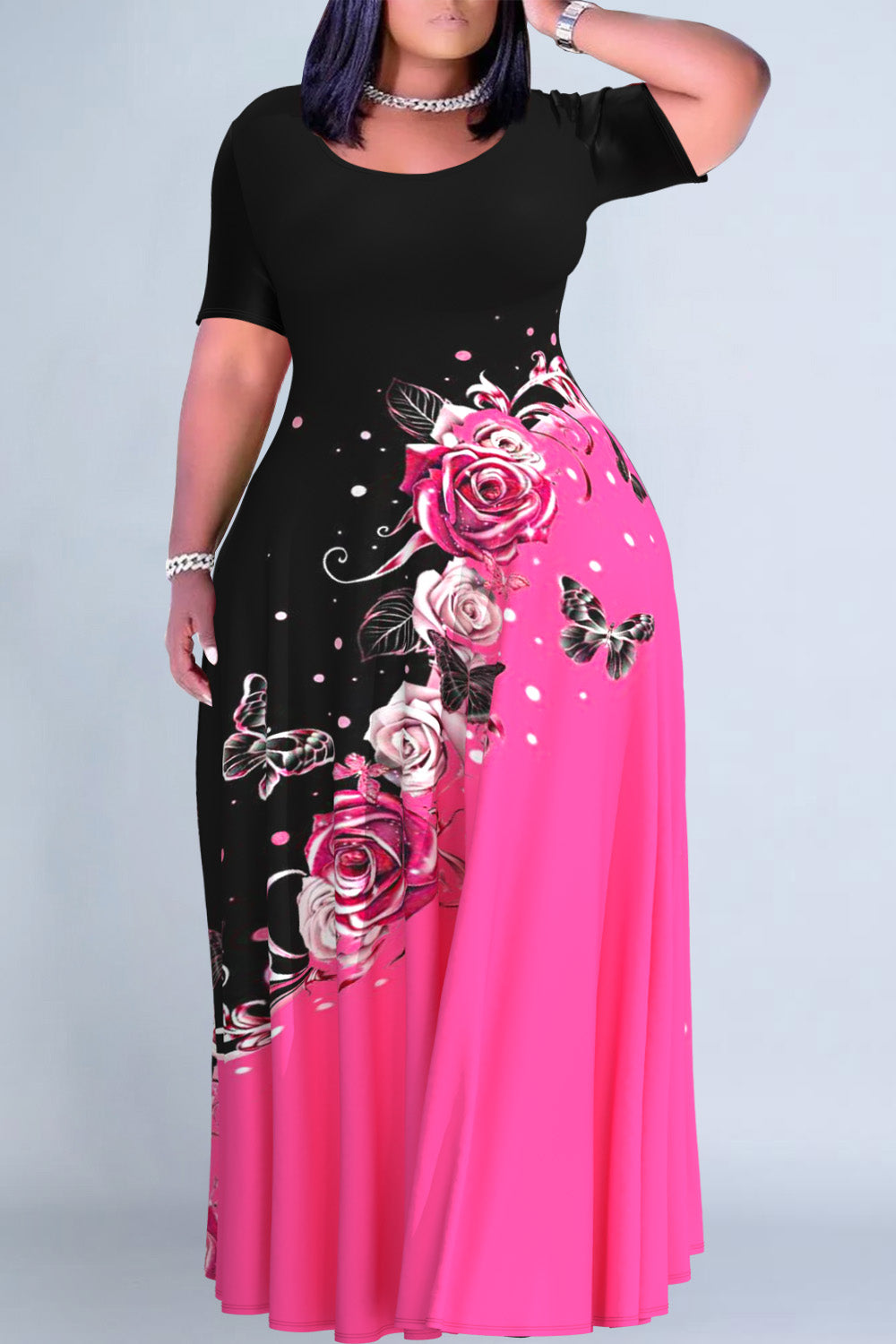 Plus Size Casual Multicolor Floral Print Butterfly Round Neck Short Sleeve Maxi Dresses