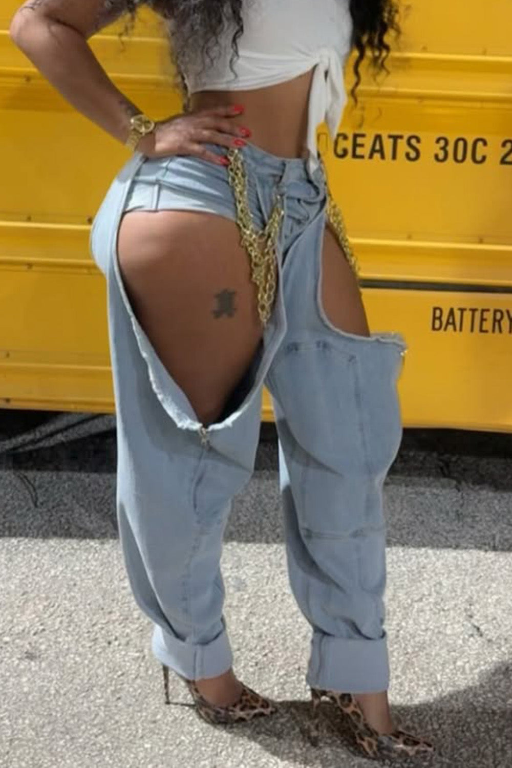 Plus Size Party Blue Casual Cut Out Denim Jeans