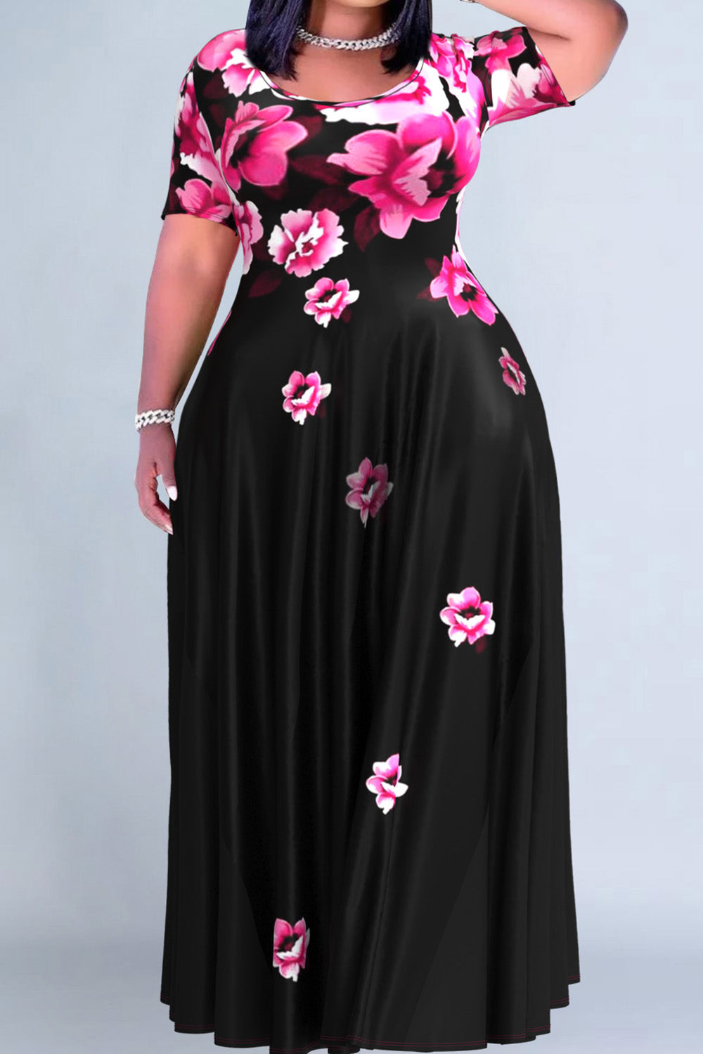 Plus Size Casual Rose Red Floral Print Short Sleeve Maxi Dresses
