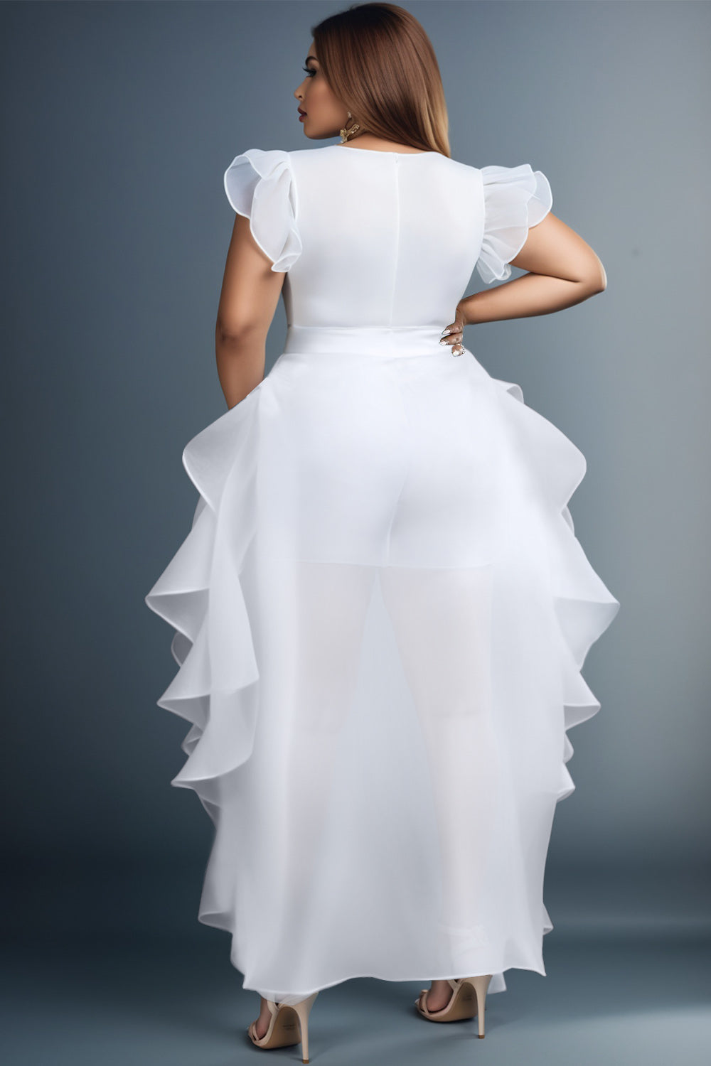 Xpluswear Design Plus Size Daily White Elegant V Neck Short Sleeve With Skirt Overlay Contrast Rompers