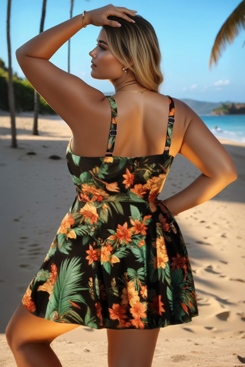 Xpluswear Design Plus Size Vacation Multicolor Tropical Print V Neck Swimsuit Fabric Swimwear Dress With Panty