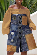 Xpluswear Design Plus Size Daily Khaki Casual All Over Print Off The Shoulder Long Sleeve Pocket Contrast Rompers