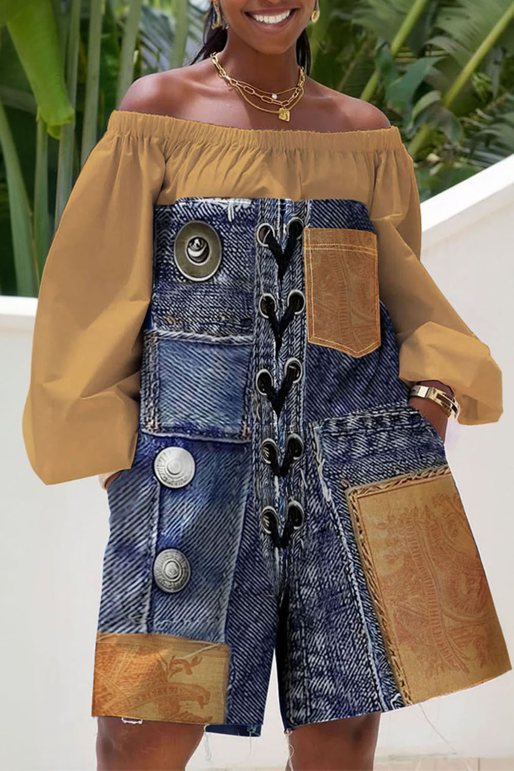 Xpluswear Design Plus Size Daily Khaki Casual All Over Print Off The Shoulder Long Sleeve Pocket Contrast Rompers