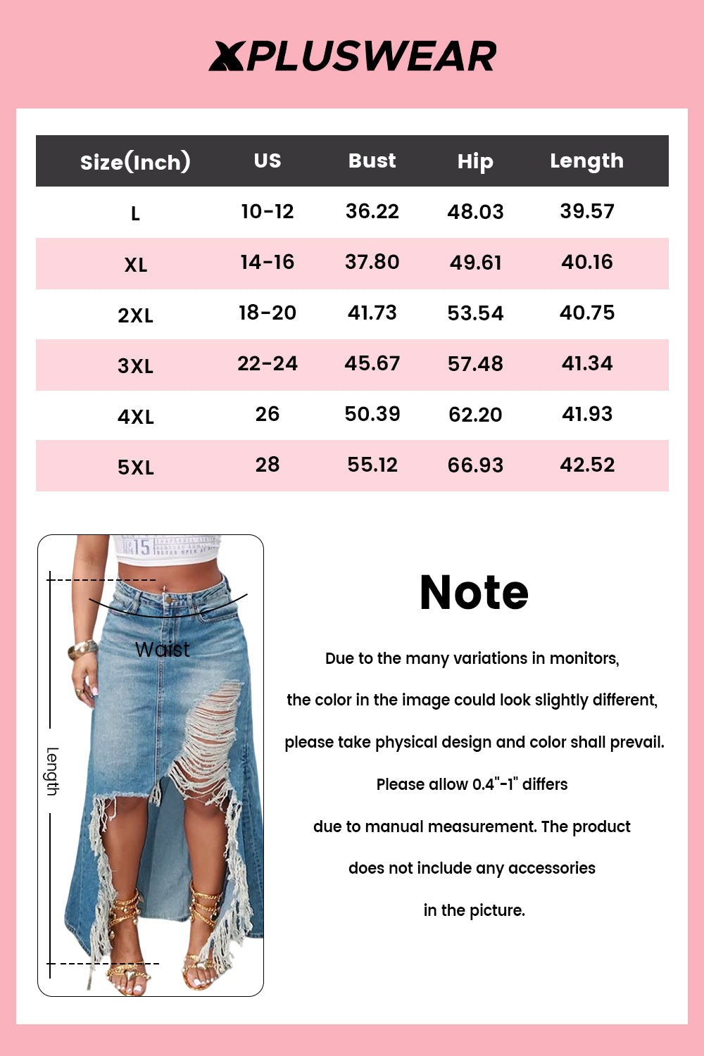 Plus Size Party Blue Casual High Low Hem Ripped Denim Skirts