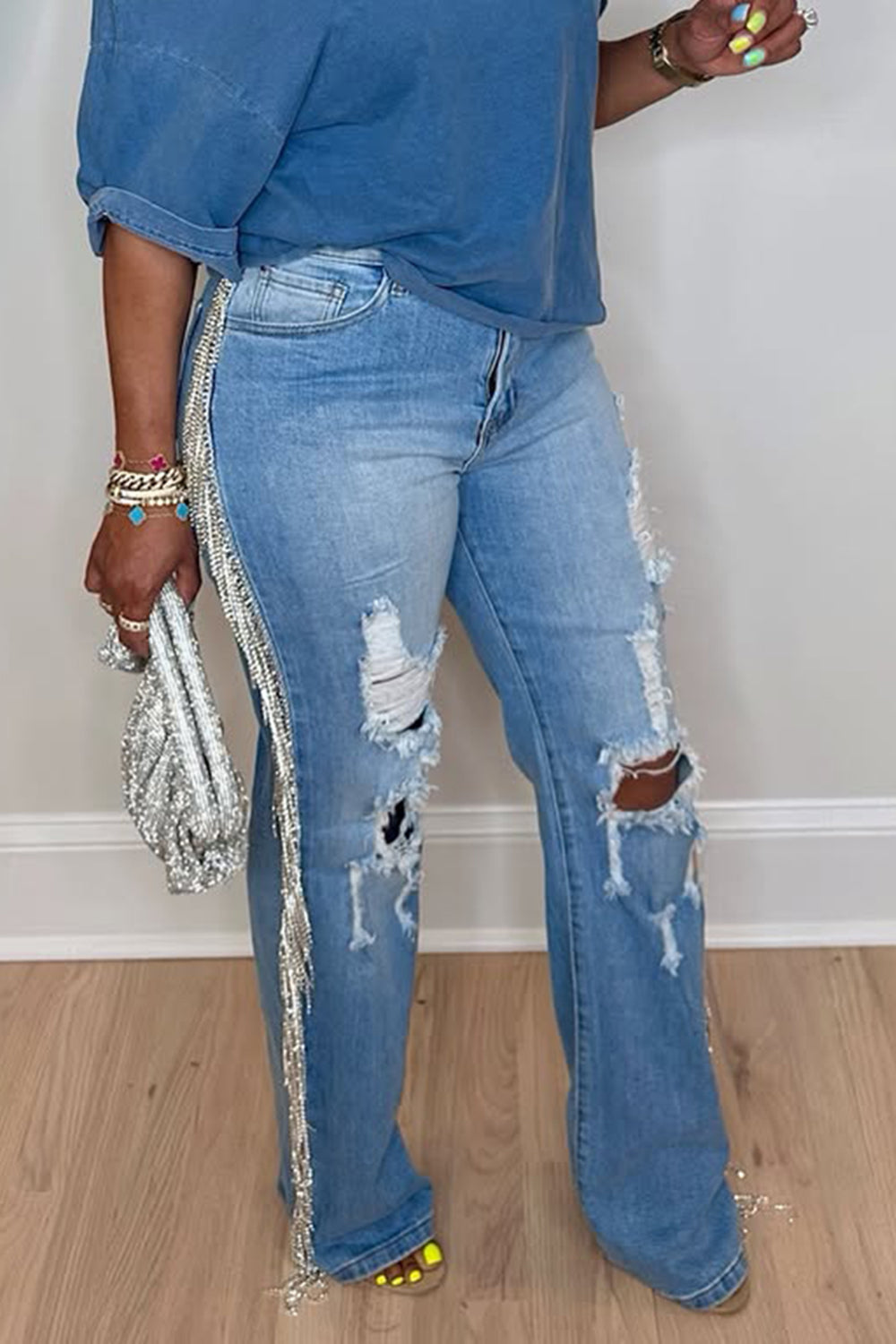 Plus Size Party Blue Casual Strappy Distressed Denim Jeans