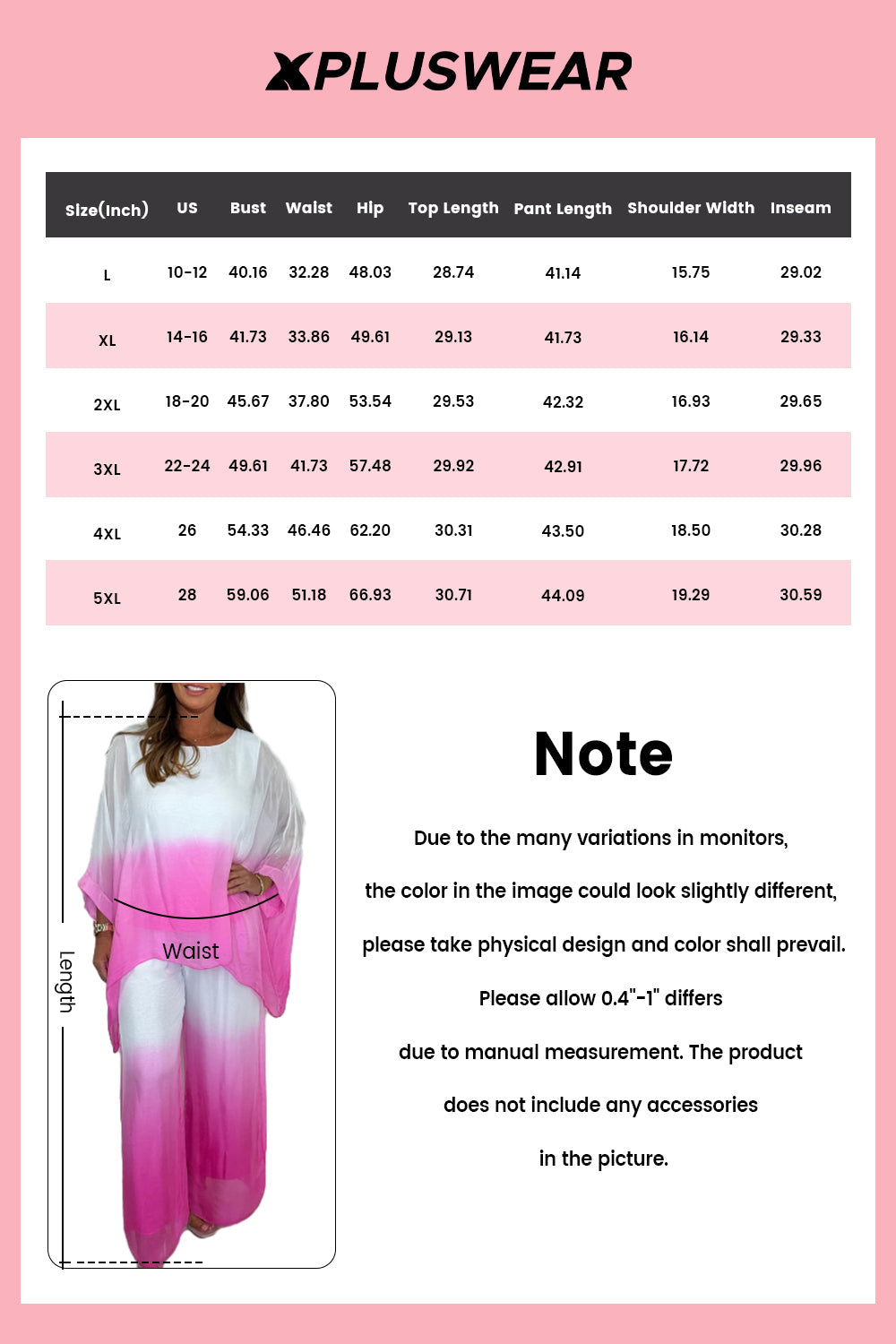 Plus Size Vacation Pink Casual Gradient Round Neck Long Sleeve See Through Two Piece Pant Sets