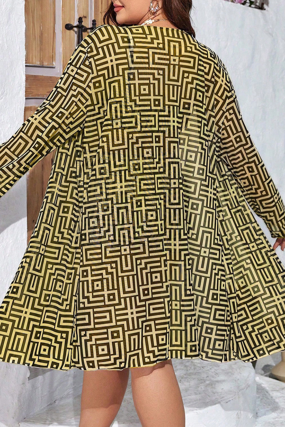 Plus Size Vacation Black Geometric Print Long Sleeve Three Pieces Swimsuit Cover Ups Set