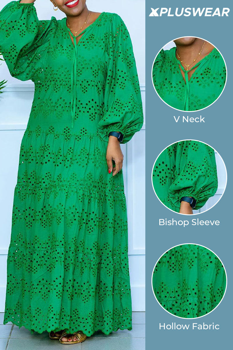 Plus Size Vacation Green Casual Hollow Puff Sleeve Long Sleeve Maxi Dresses