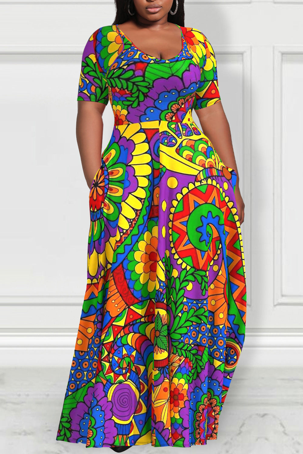 Xpluswear Design Plus Size Daily Multicolor Casual Graphic Round Neck Short Sleeve Pocket Maxi Dresses