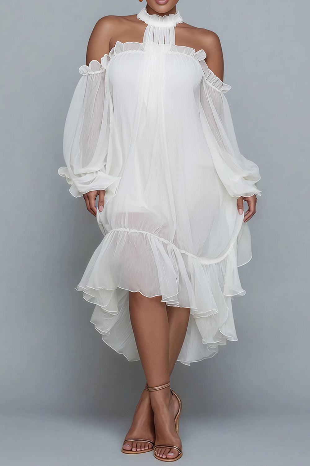 Xpluswear Design Plus Size Birthday White Halter Collar Cold Shoulder Long Sleeve Ruffle Asymmetric Hem Irregular Hem Chiffon Midi Dresses [Pre-Order]