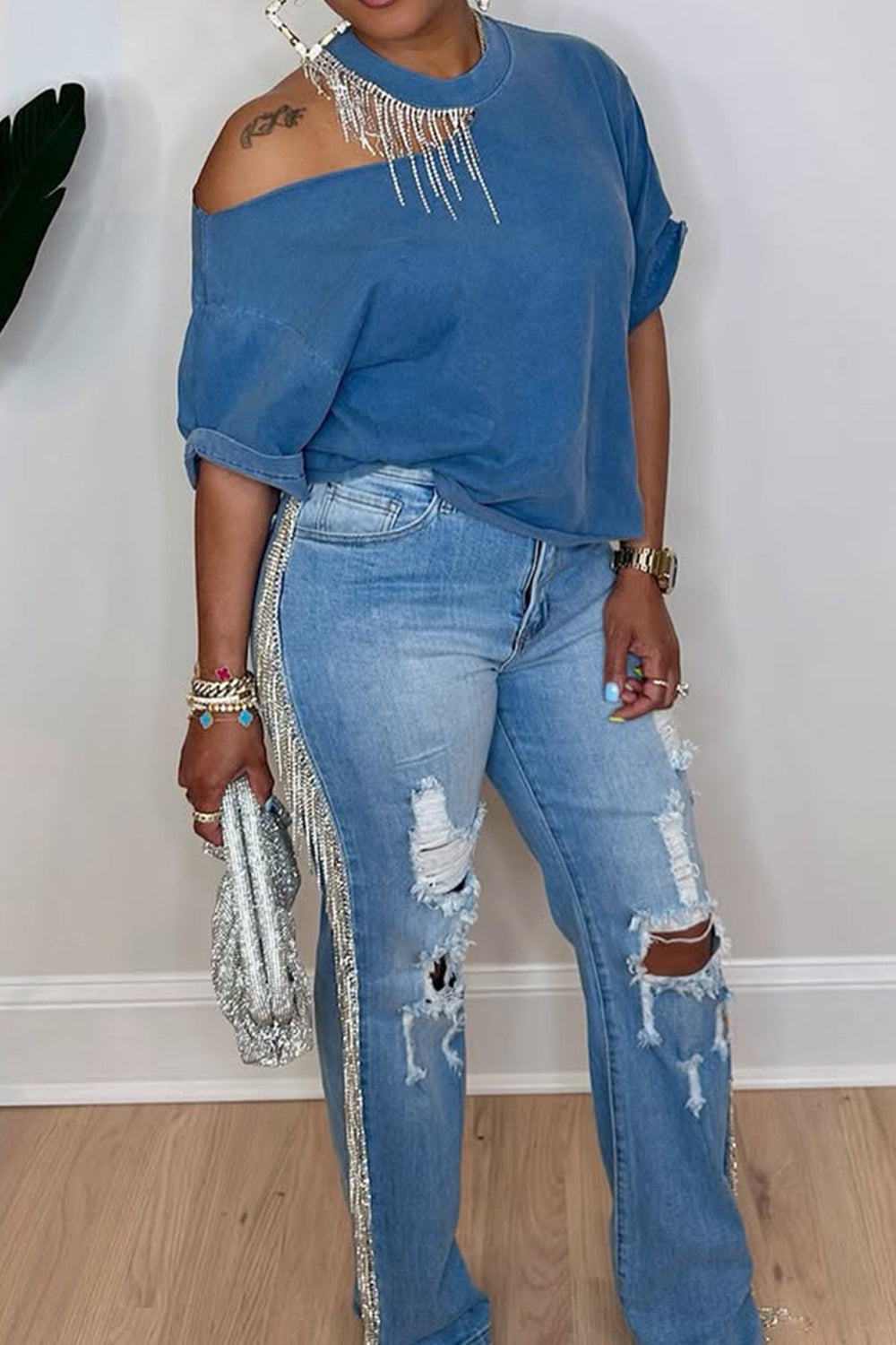 Plus Size Party Blue Casual Strappy Distressed Denim Jeans
