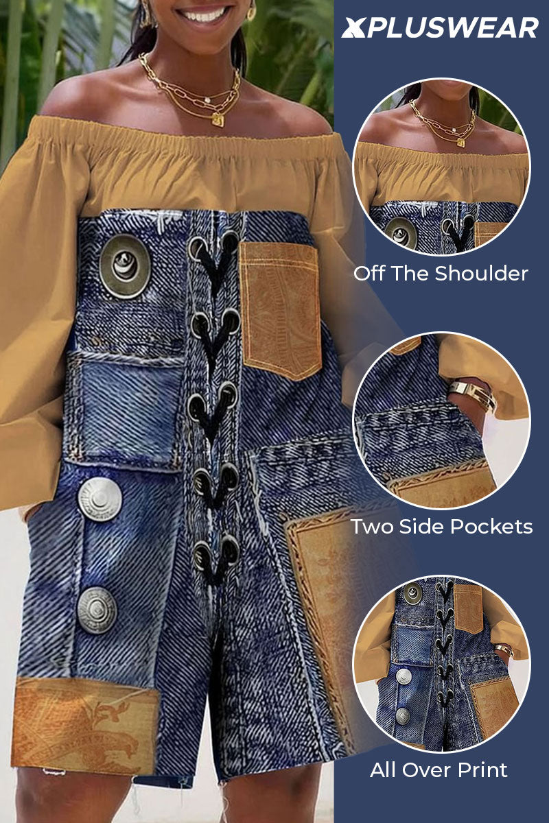 Xpluswear Design Plus Size Daily Khaki Casual All Over Print Off The Shoulder Long Sleeve Pocket Contrast Rompers