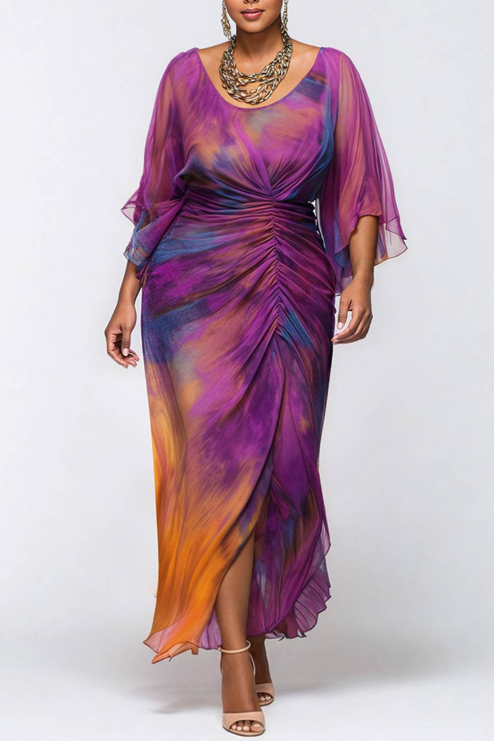 Xpluswear Design Plus Size Cocktail Party Purple Tie Dye Round Neck Flare 3/4 Sleeve Ruched Chiffon Maxi Dresses [Pre-Order]