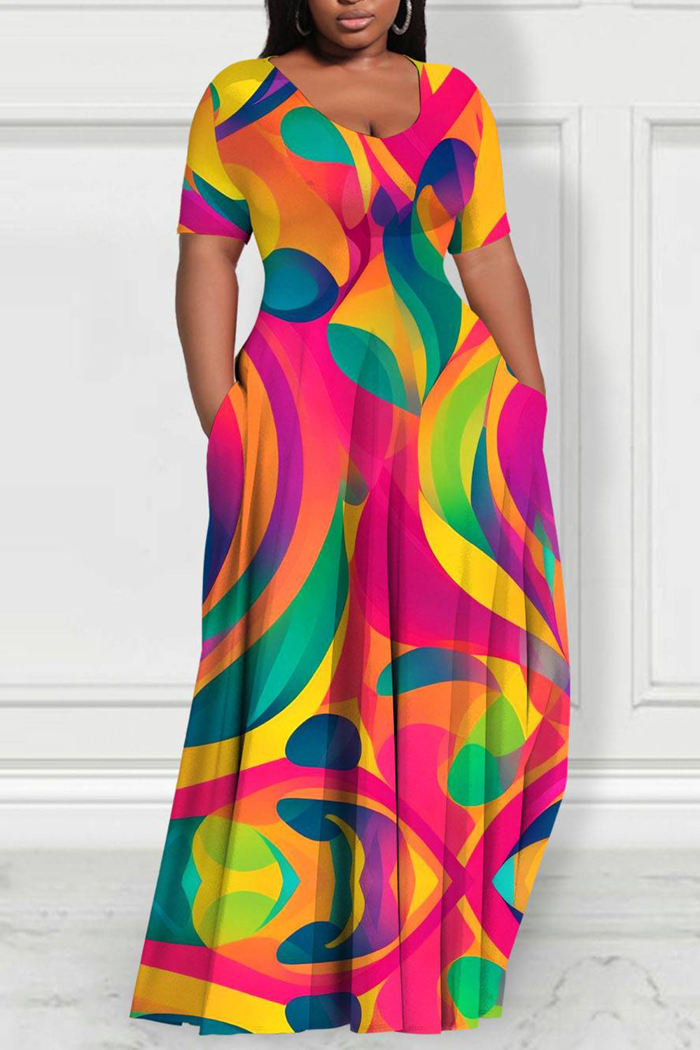 Xpluswear Design Plus Size Daily Multicolor All Over Print Round Neck Short Sleeve Pocket Casual Maxi Dresses