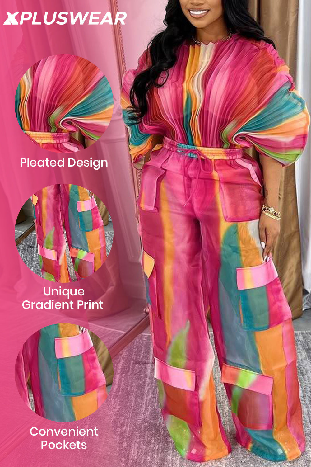 Plus Size Daily Hot Pink Gradient Round Neck Batwing Sleeve Half Sleeve Cargo Pleated Two Piece Pant Sets