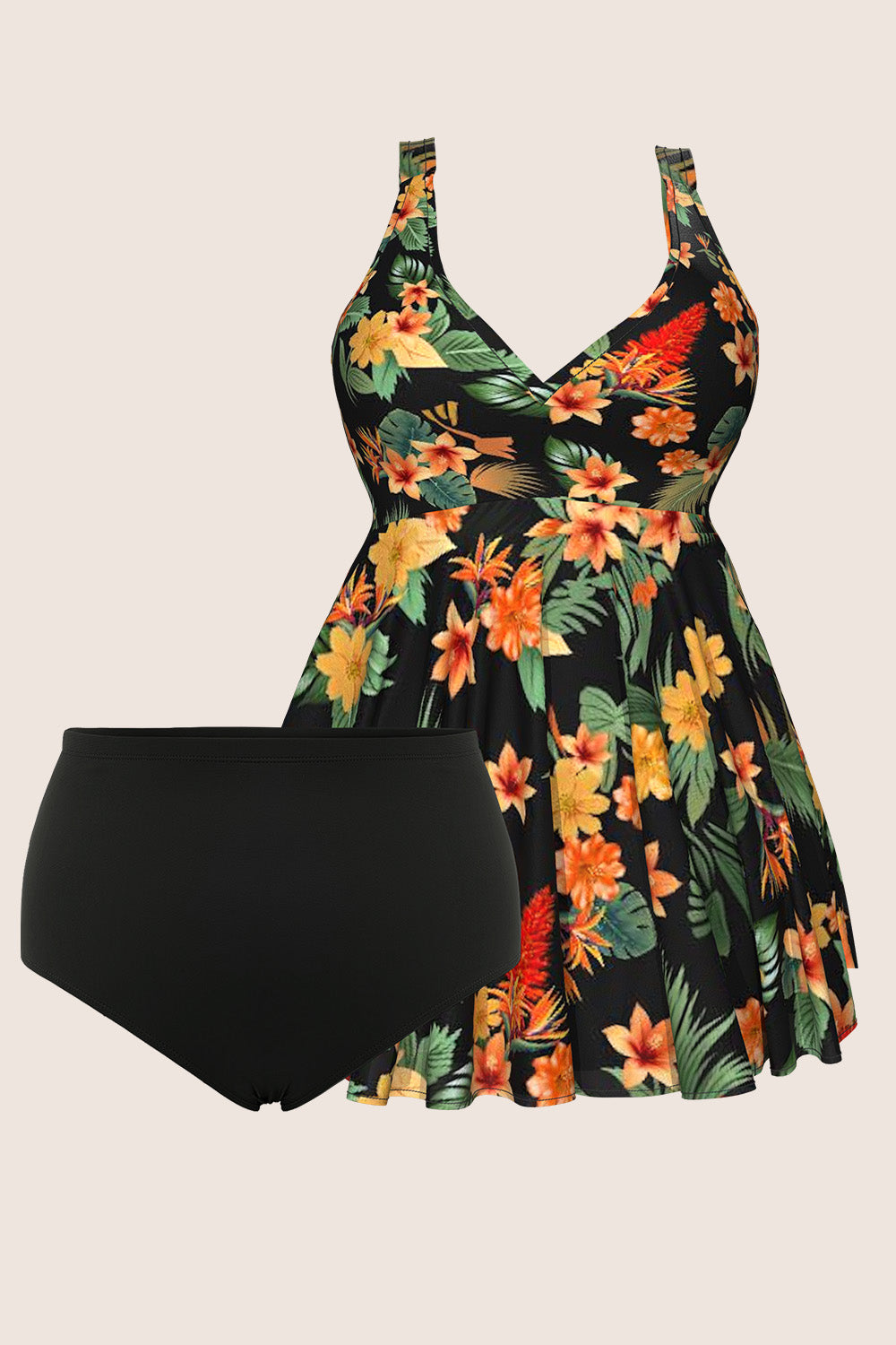 Xpluswear Design Plus Size Vacation Multicolor Tropical Print V Neck Swimsuit Fabric Swimwear Dress With Panty