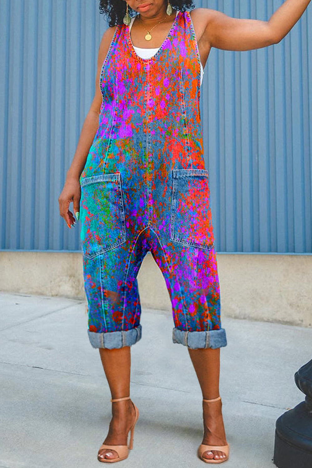 Plus Size Daily Blue Casual Tie Dye V Neck Pocket Denim Jumpsuits