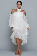 Xpluswear Design Plus Size Birthday White Halter Collar Cold Shoulder Long Sleeve Ruffle Asymmetric Hem Irregular Hem Chiffon Midi Dresses [Pre-Order]