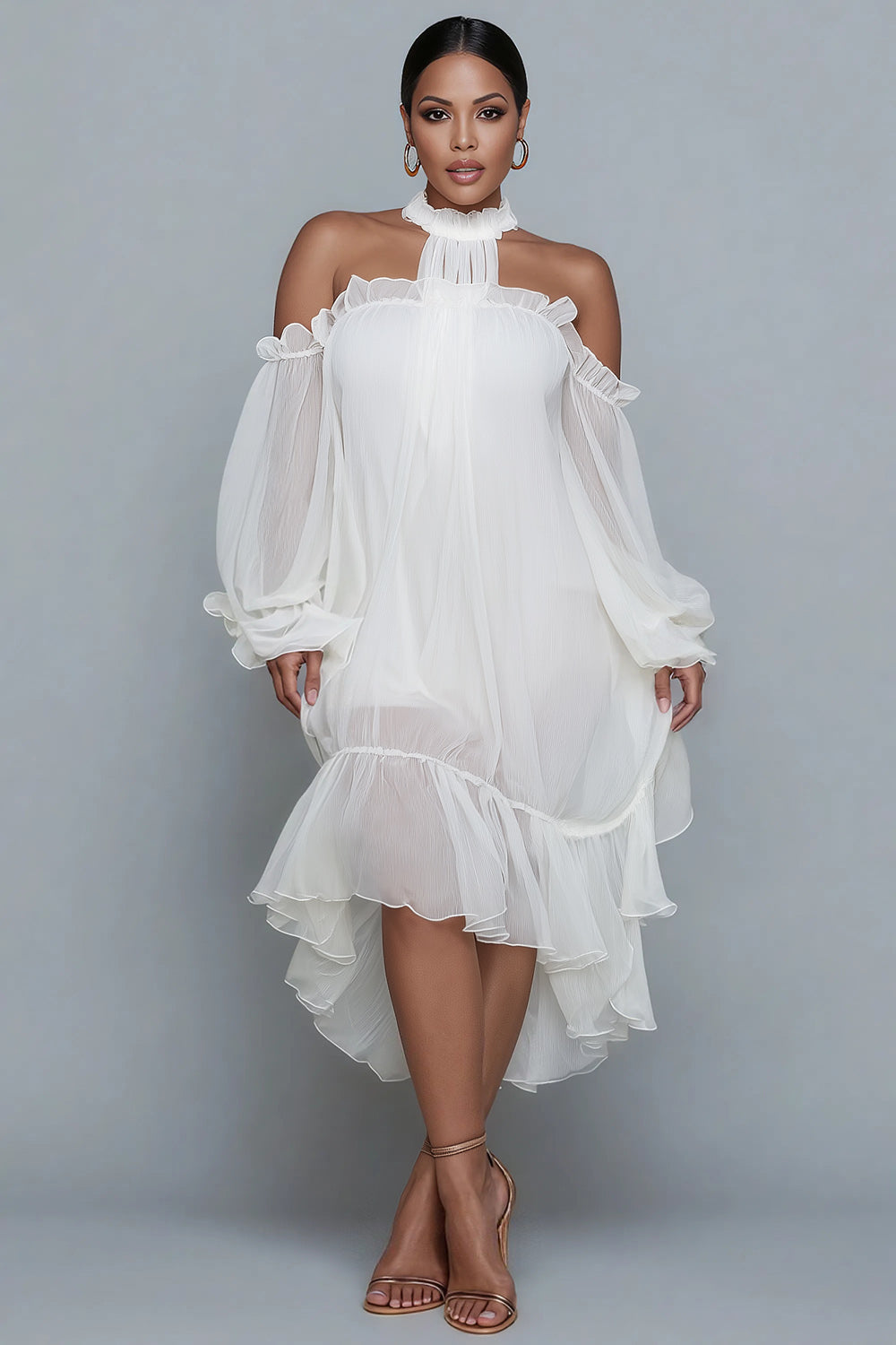 Xpluswear Design Plus Size Birthday White Halter Collar Cold Shoulder Long Sleeve Ruffle Asymmetric Hem Irregular Hem Chiffon Midi Dresses [Pre-Order]