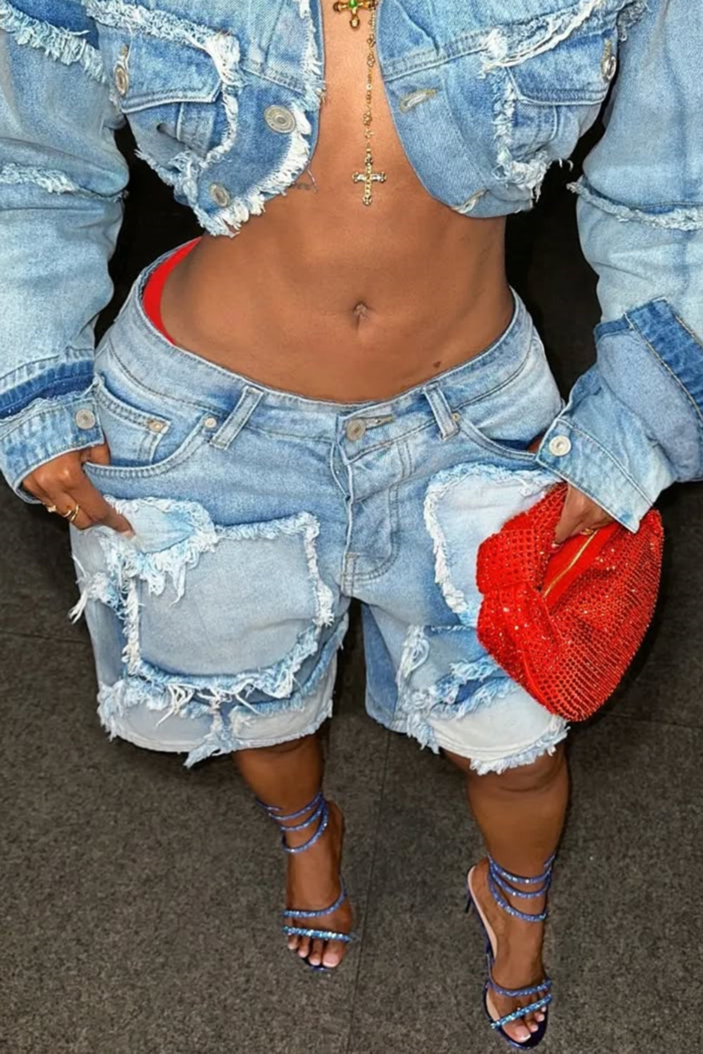 Plus Size Daily Blue Casual Distressed Cargo Denim Jeans