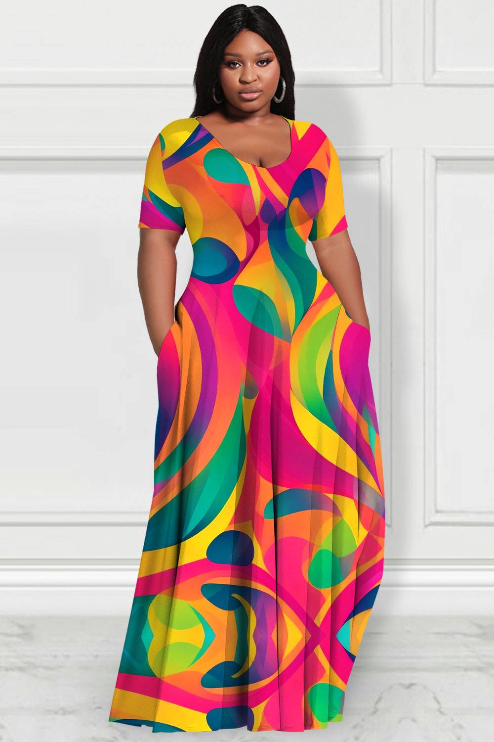 Xpluswear Design Plus Size Daily Multicolor All Over Print Round Neck Short Sleeve Pocket Casual Maxi Dresses