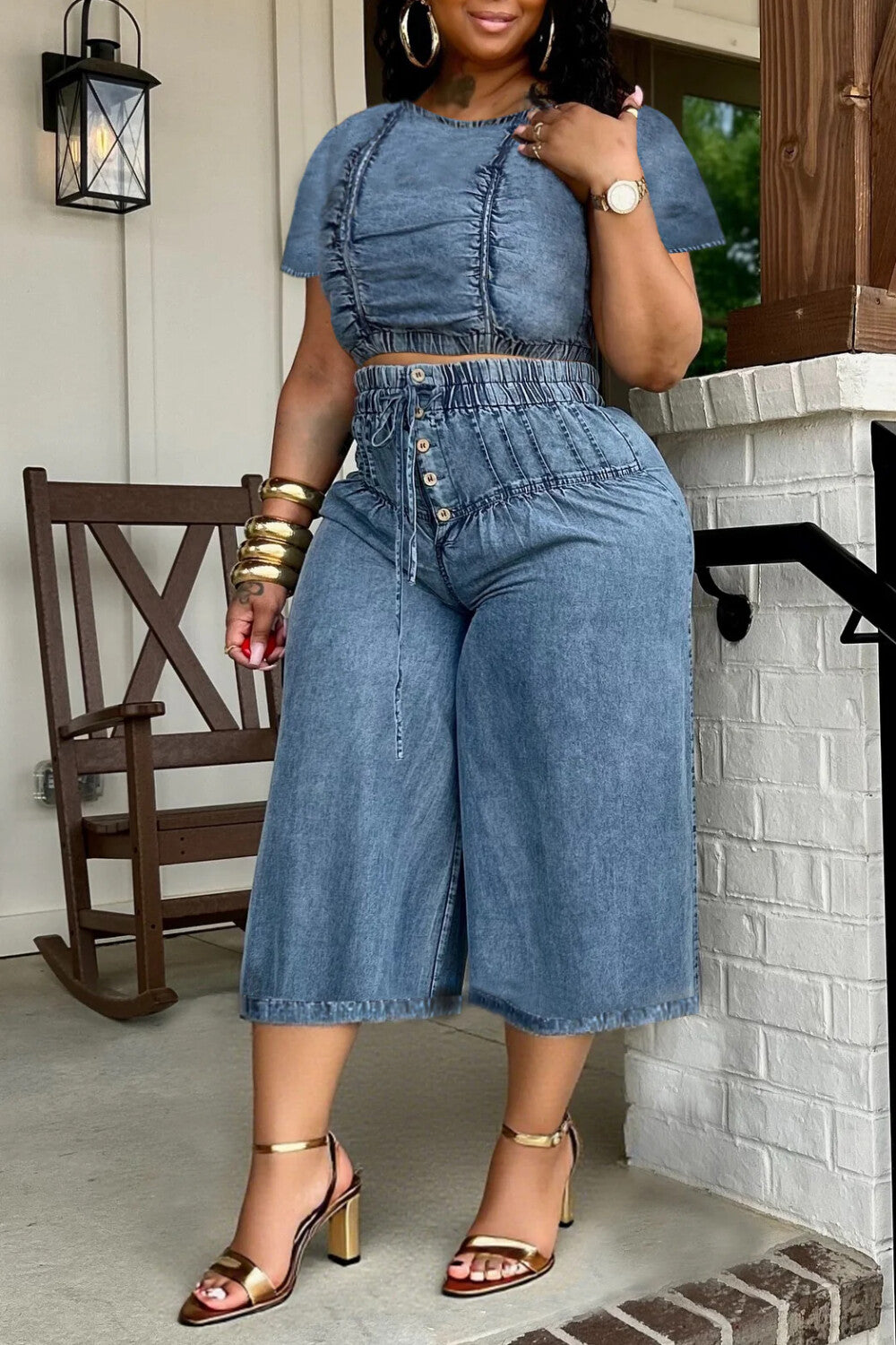 Plus Size Daily Blue Round Neck Short Sleeve Pocket Pull-On Waist Denim Two Piece Short Sets