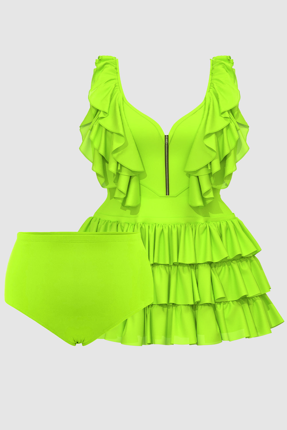 Xpluswear Design Plus Size Vacation Lime Green V Neck Zipper Tiered Swimsuit Fabric Swimwear Dress With Panty