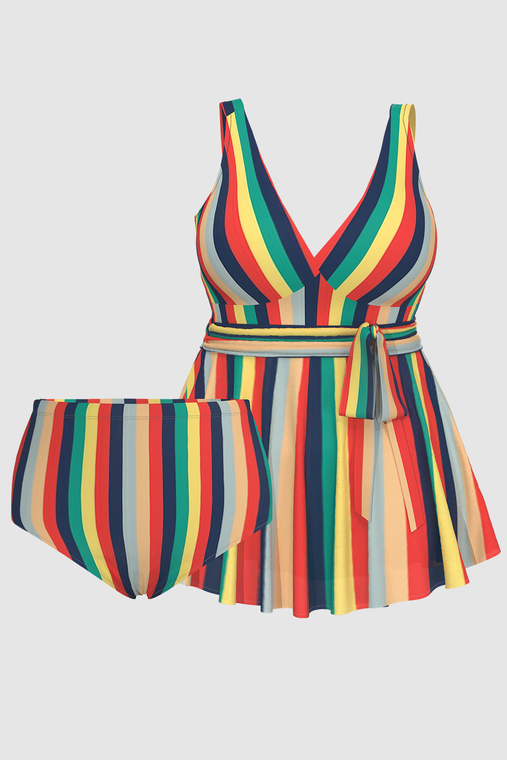 Xpluswear Design Plus Size Vacation Rainbow Striped V Neck Wrap Swimsuit Fabric Swimwear Dress With Panty