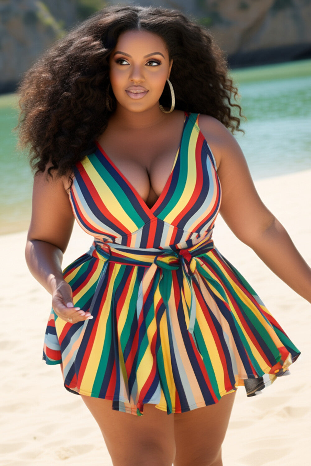 Xpluswear Design Plus Size Vacation Rainbow Striped V Neck Wrap Swimsuit Fabric Swimwear Dress With Panty