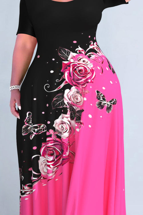 Plus Size Casual Multicolor Floral Print Butterfly Round Neck Short Sleeve Maxi Dresses