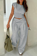 Plus Size Daily Grey Casual Round Neck Waistcoat Pocket Pull-On Waist Two Piece Pant Sets
