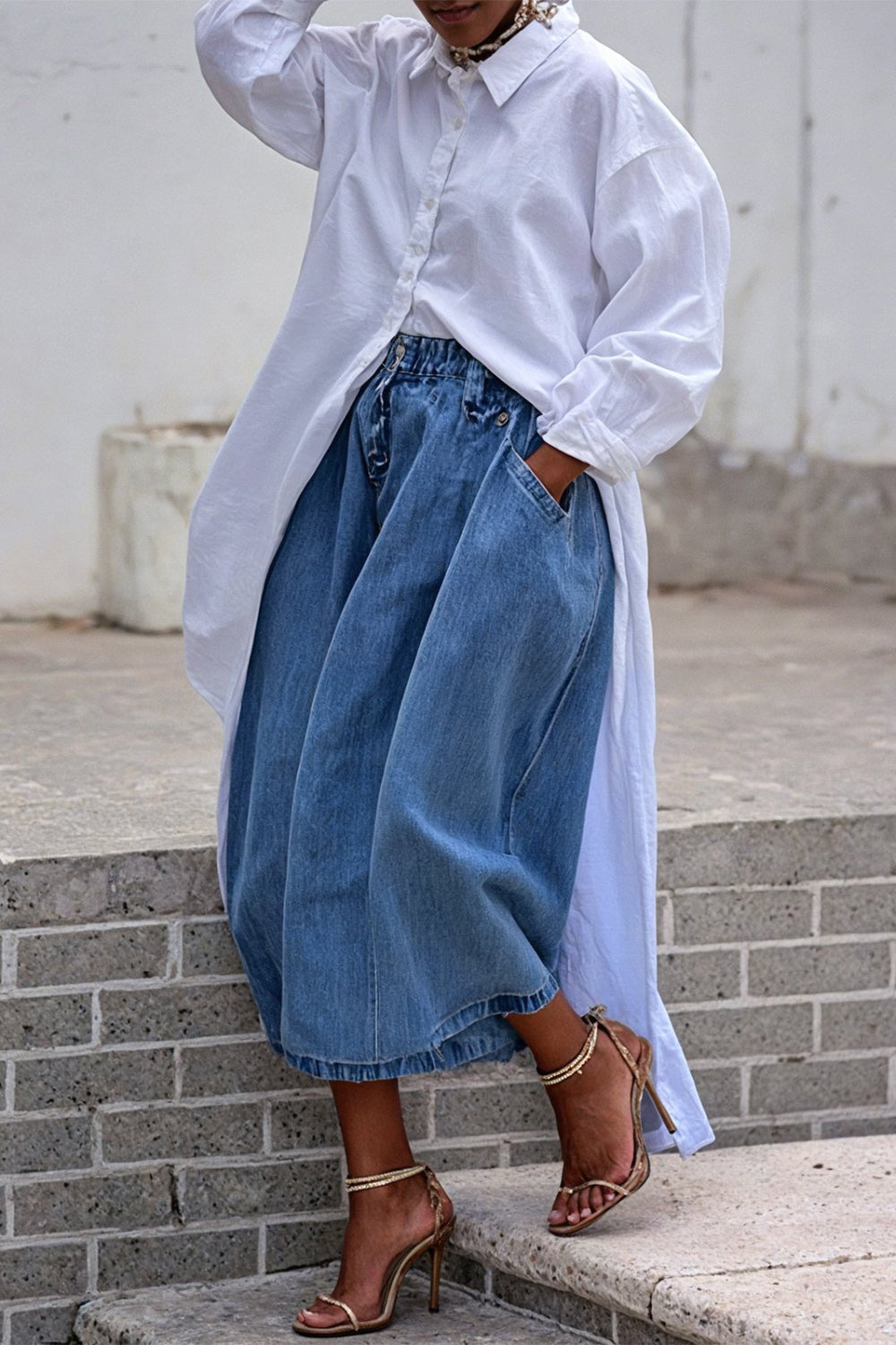 Plus Size Daily Blue Casual Pocket Wide Leg Denim Crop Jeans