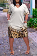 Plus Size Daily Khaki Casual Leopard V Neck Short Sleeve Pocket Midi Dresses