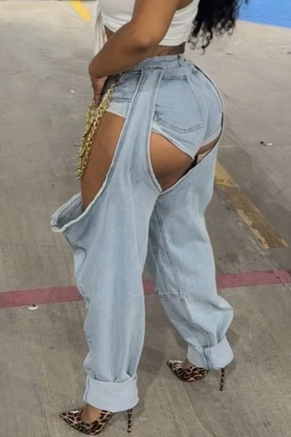 Plus Size Party Blue Casual Cut Out Denim Jeans